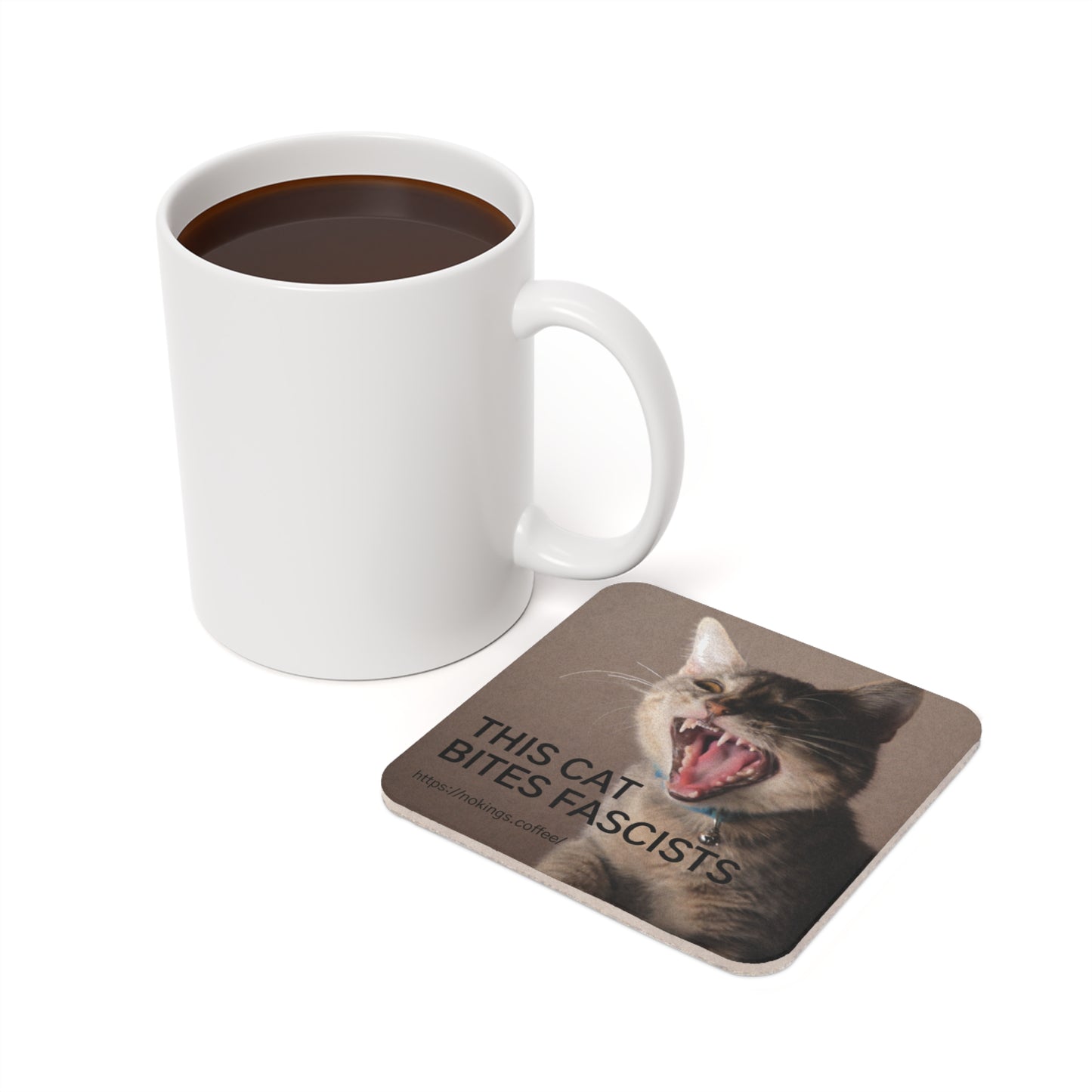 This Cat Bites Fascists Cork Coaster — Political Cat Drink Coaster - Square