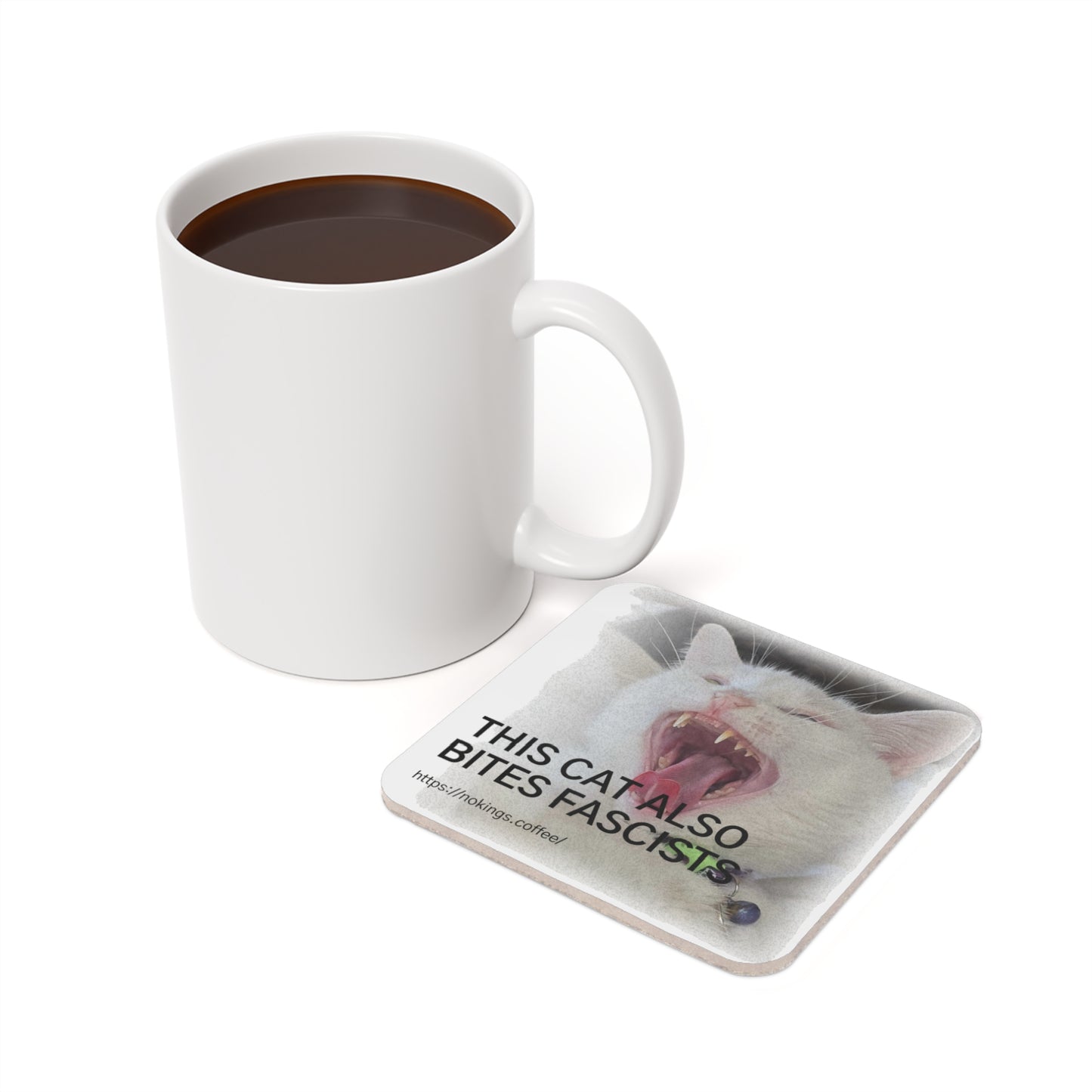 This Cat Also Bites Fascists Cork Coaster — Political Cat Drink Coaster - Square