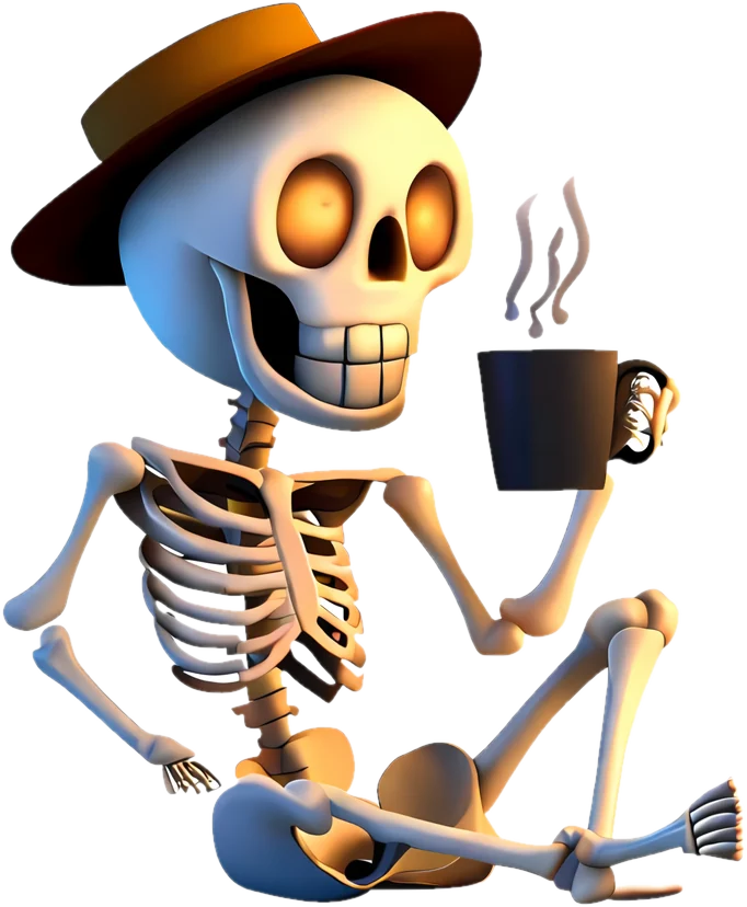 Boneapart, the Skeleton Brew mascot, sitting with a steaming mug
