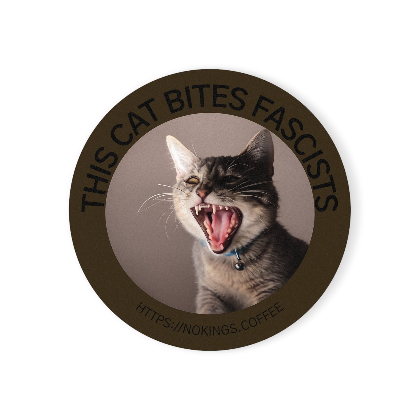 Round Cork Coaster — "This Cat Bites Fascists" Angry Cat Coffee Mat