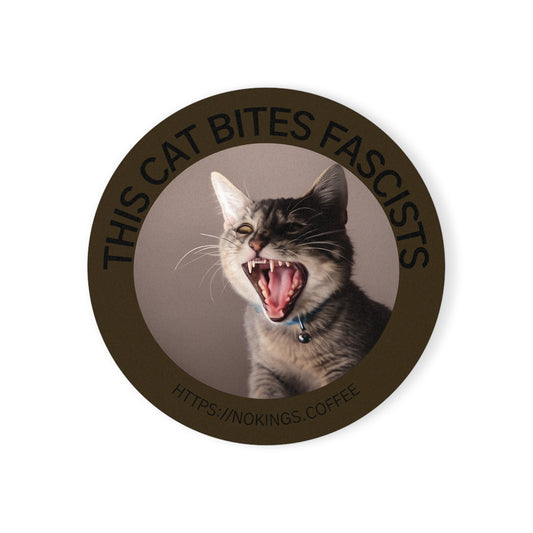 Round Cork Coaster — "This Cat Bites Fascists" Angry Cat Coffee Mat