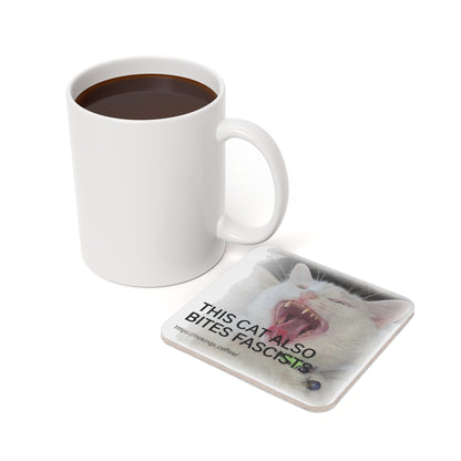 This Cat Also Bites Fascists Cork Coaster — Political Cat Drink Coaster - Square