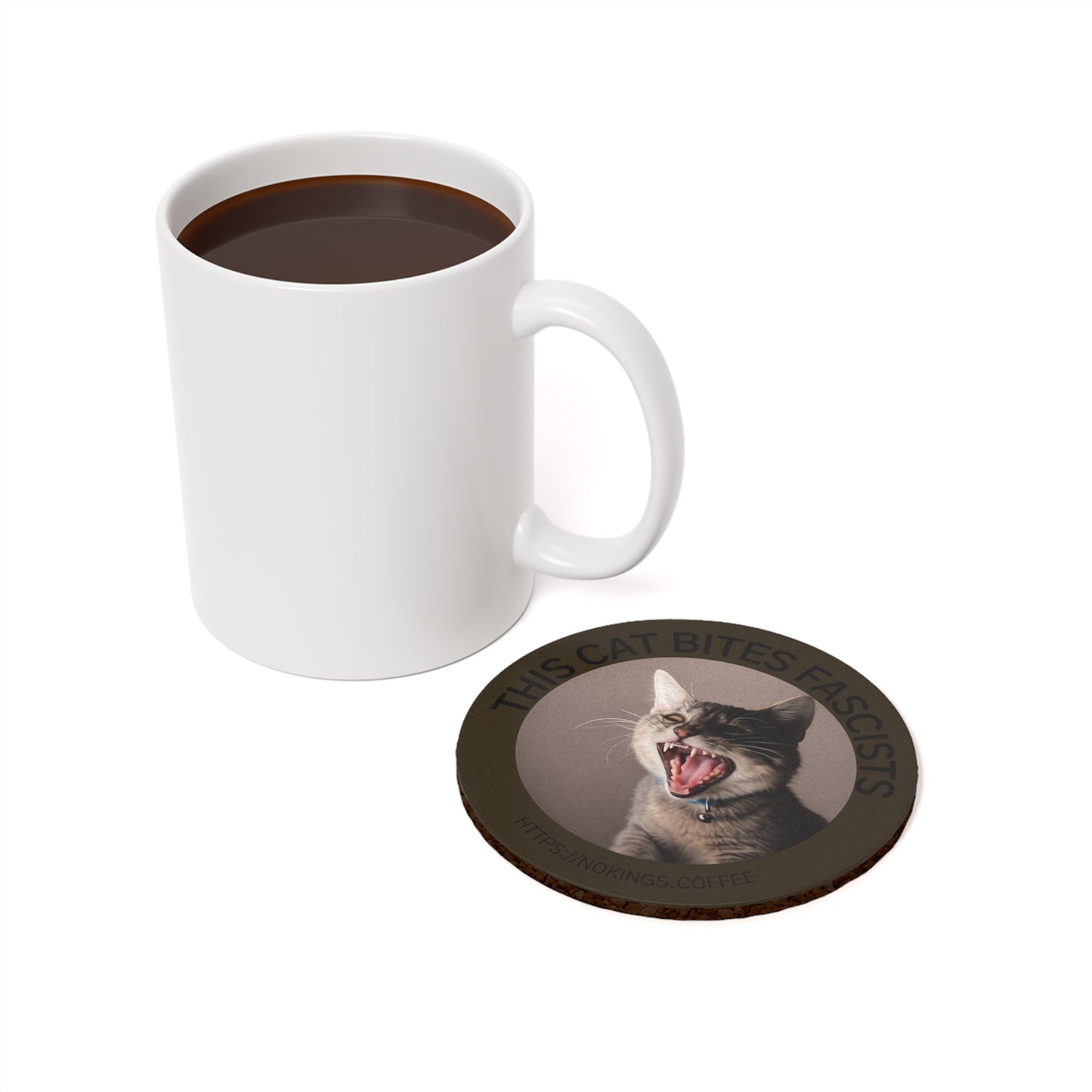 Round Cork Coaster — "This Cat Bites Fascists" Angry Cat Coffee Mat